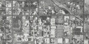 A black and white photograph showing Arizona State University's tempe campus as it was in 1971.