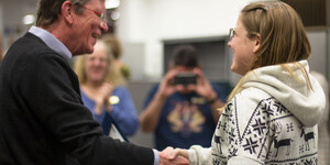 University Librarian Jim O'Donnell presents ASU student employee Jessica Sills with the inaugural LibAid for Student Success award in Hayden Library.