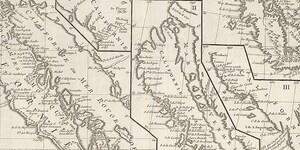 A portion of the “Carte De La California” historic map depicting sections of all 5 historically significant cartographic changes in representing California. Each different map is separated by a thick black border. The interior of each section is a map of California, labeled “Californie”, and its major cities at the time which each segment was drafted.