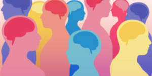stylized illustration of crowd silhouetted brains in different colors demonstrating neurodiversity