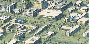 A three-quarter aerial view of the center of Tempe campus, featuring Hayden Library, from an illustrated oblique map of ASU published in 1985.