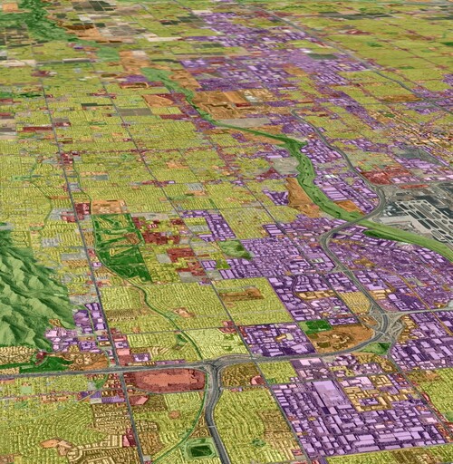 Colorful 3D map displaying land use in the central core of metropolitan Phoenix. 