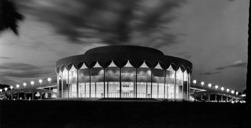 Black and white photo of ASU Gammage auditorium, designed by Frank Lloyd Wright.