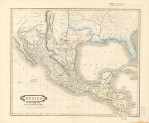 The 1840 Map titled Mexico & Guatilama With the Republic of Texas. The map extends from Baja Californa over to Florida. The United States is bordered with Blue. Mexico is Green, Guatemala is Yellow, while the Republic of Texas and the British Territory of Balleze (modern day Belize) is Magenta.