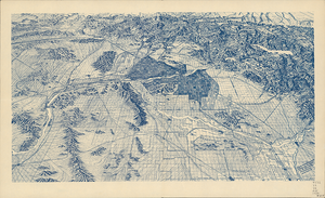 The Salt River Valley of Arizona as drawn from a high-angle aerial view, like that from an airplane looking down at the Valley. Roosevelt Lake is seen off to the upper right, and the Phoenix Valley is represented by a dark blue showing the build-up of farmland.