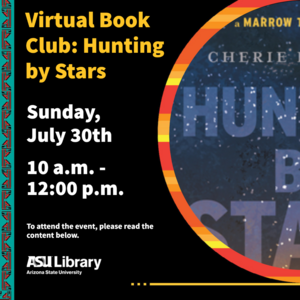 Photo of fliers for Virtual Book Club Hunting by Stars with date, time, and book cover art.