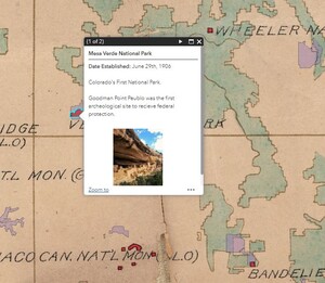 A subsection of the National Parks and Monuments Web App, centered on Mesa Verde National Park. An info box is visible, providing a few facts for the Park as well as an image of it. 