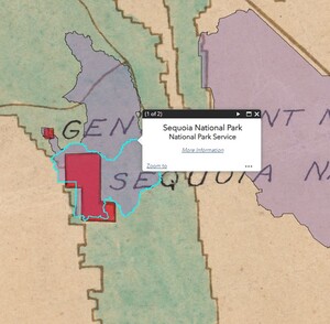 A subsection of the National Parks and Monuments map centered on Sequoia National Park. Old Boundary is in Red and is very rectangular, while the modern-day boundaries are in a lilac color and are significantly larger.