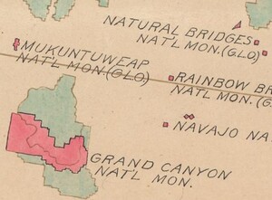 A zoomed in image of the Map focused on the Arizona-Utah border showing the Grand Canyon National Monument, Natural Bridges National Monument, Rainbow Bridge National Monument, Navajo National Monument, and Mukuntuweap National Monument. Mukuntuweap National Monument is now Zion National Park.