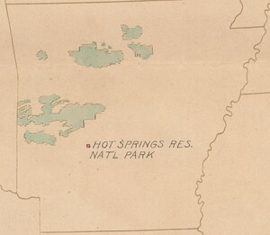 The state of Arkansas from the Map, showing the location of Hot Springs Reservation National Park in the southern central portion of the state.