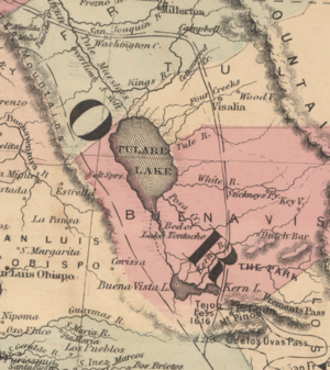 Magnification of the central California valley showing the now-extinct Tulare Lake, which was drained for agricultural purposes. 