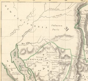 A zoom on the top-left of the map, covering the Mexican State of New California. Aside from a few rivers, there’s no other details about the area. It’s labeled as ‘Unknown Parts’.