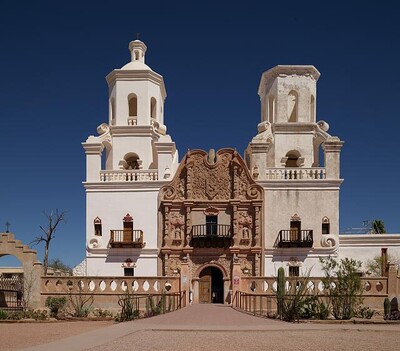 The Mission San Xavier del Bac, a Spanish Catholic mission, completed in 1797 on what is now the Tohono O'odham San Xavier Indian Reservation in Pima County, Arizona, just south of Tucson. 