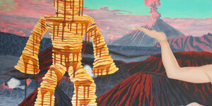 A painting with an illustration of a person made of layers of pancakes dripping with syrup with a hand and volcano in the background