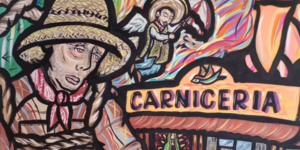 Illustrated colorful artwork of a person pushing a cart in front of a carniceria sign