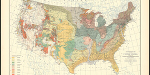 Map of the United States in 1893 featuring geologic categorization of multiple rock types denoted by color and texture