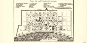 Reproduction of historic map showing city plans for New Orleans, includes illustrated Mississippi River and legend of significant places