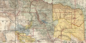 A section of the map focusing on the central portion of the state. The county names, Maricopa, Gila, Graham, and Greenlee, are written in bold and are positioned in the center of their respective location. A bold red boundary outlines county-lines. Segments of the map, including the Fort Apache, White Mountain, Salt River, and Gila River indigenous reservations are outlined and filled with yellow. Counties colored with a green boundary represent national forests.