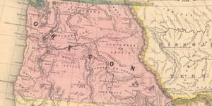 Historic map showing Oregon and eastern Missouri Territory. The bold, dashed borders reflect the 1849 boundaries between territories established by the Treaty of Guadalupe Hidalgo. Solid, bold lines reflect rivers and tributaries of the territories with several dozen labels of the indigenous tribes located in the region. 