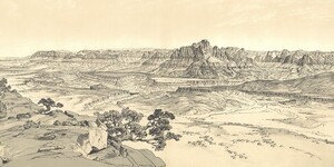 A monochromatic landscape painting of the Temples and Towers of the Virgen located in Utah. Tall rock pinnacles and buttes cover the landscape horizon along with prominent cliffs which dip into the Marble Canyon below. Sparse vegetation is shown.
