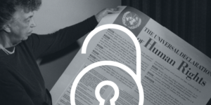 Eleanor Roosevelt Holding the Universal Declaration of Human Rights with Open Access Week logo superimposed