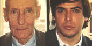 A color photograph with side-by-side headshots of William Burroughs (on left) and George Condo (on right). The pictures have been warped so they appear to be small blocks of color forming the large picture. This is the cover of a joint exhibit between these two artists.