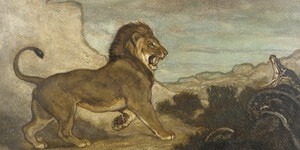 Painting of a lion and a snake poised to attack each other