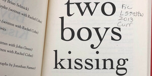 "Two Boys Kissing" book open to title page