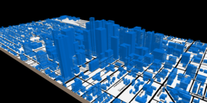 A digital 3D rendering of buildings -- all displayed in blue -- overlaid upon a white plane representing downtown Phoenix. 