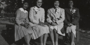 Group of young Japanese-American ladies at Poston War Relocation Center, circa 1942. CP AWHC 126, Greater Arizona collection, ASU Library.