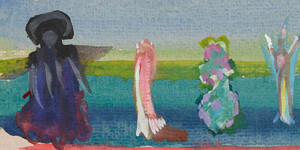 A horizontal strip of colorful costume sketches in crayon.