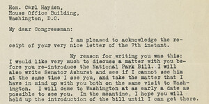 Letter from Ralph H. Cameron to Carl Hayden requesting a delay on the introduction of the Grand Canyon bill until he can meet with himself and Senator Ashurst in Washington.
