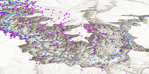 Screenshot of ArcGIS Pro GIS software displaying a 3D oblique scene of Grand Canyon topography with colorful data points dispersed through the region's topography.