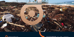 Open Access lock icon over beach pollution and debris with text Open for Climate Justice