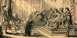 Black and white drawing of a medieval throne room with the royal family seated on a raised platform and a witch in a black robe addressing them from the floor. There are also three small fairies with wings behind the witch figure. The picture is from Julia Corner’s playscript for The Sleeping Beauty published circa 1861.