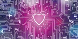 glowing heart surrounded by stylized circuitry