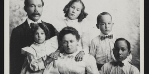 Black and white archival photo of the Ohnick Family, parents and four children