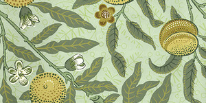 Color woodblock print of a William Morris designed wallpaper with green branches, small white and brown flowers and lemons; this design is known as the Fruit Pattern.