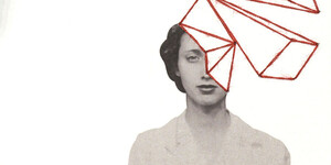 A cover from an artist's book depicting a woman cut out of a photograph, on a white background, with geometric lines drawn over her face and extending past her head.