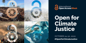 2022 open access weeklogo with four scenes of pollution on a beach, a city skyline, smoke pouring from a factory stack, and trash in the ocean.