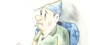 Dudu Geva's 1998 parody of a 1967 caricature by Dosh, featuring young “Srulik” after overcoming and winning the Six Day War. The 1998 image shows Srulik as a tired middle-aged man watching TV. 