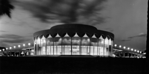 Black and white photo of ASU Gammage auditorium, designed by Frank Lloyd Wright.