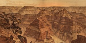 An illustrated picture of a portion of the grand canyon with a tree to the left and people in the distance, showing the vastness of the area. 
