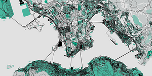 Green, black, and grey map of historic Victoria Harbour Hong Kong, Special Administrative Region (SAR), China, constructed from multiple geographic features of Open Street Map layers, including roads, building footprints, and various land use layers.