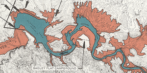 Topographic map detail of the Saguaro Lake reservoir section of the Salt River. Potential flood zones are indicated with a deep brick red color.