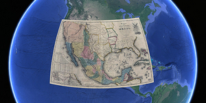 A mid-19th century map of Mexico overlaid upon a digital model of Earth, stretching over its approximate actual position in North America.