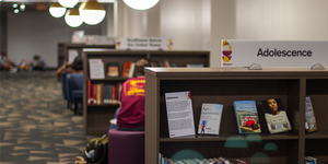 An image of a shelf-top sign that reads “Adolescence”, which sits on top of a shelf of books relating to the content to be taught in nearby classrooms in ASU’s re-envisioned Hayden Library.