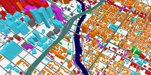 3D image of buildings displayed in a range of colors.