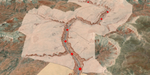 Historic river corridor survey sheets superimposed upon modern satellite imagery, with red sphere superimposed upon the georeferenced survey sheets themselves.