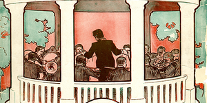 Section of the illustrated front cover of Alexander's Ragtime Band music showing a conductor and band playing in a gazebo.